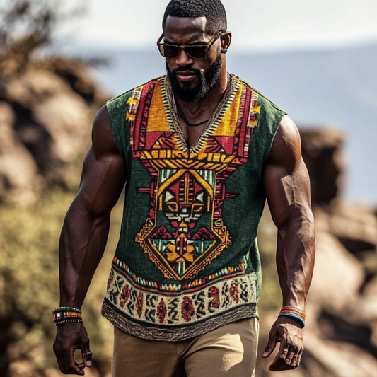 Men's African Black Pride Juneteenth Ethnic Geometric Art Linen Tank Top artswardrobe