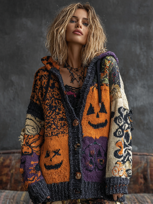 Halloween Dark Gothic Style Pumpkin Face Pattern Hooded Knit Sweater Cardigan Jacket elevenforest