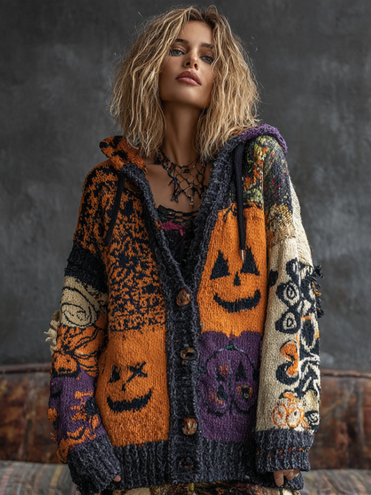 Halloween Dark Gothic Style Pumpkin Face Pattern Hooded Knit Sweater Cardigan Jacket artswardrobe