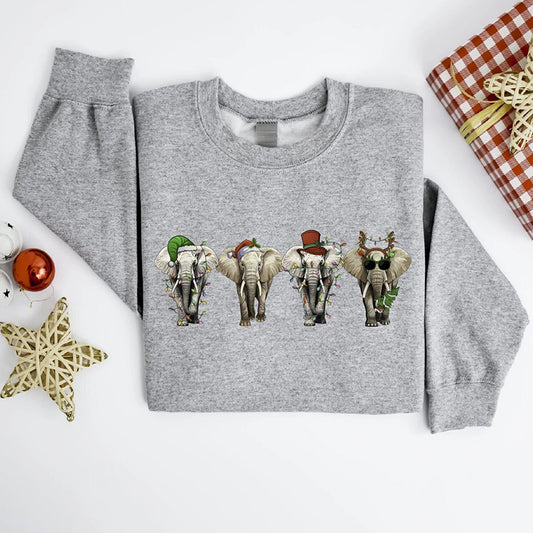 Comstylish Women's Christmas Elephant Print Crewneck Sweatshirt