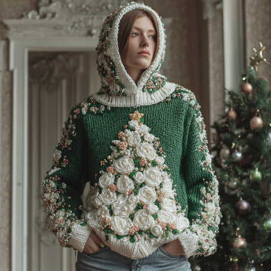 Vintage Christmas Stars Christmas Tree Warm Hooded Sweater artswardrobe