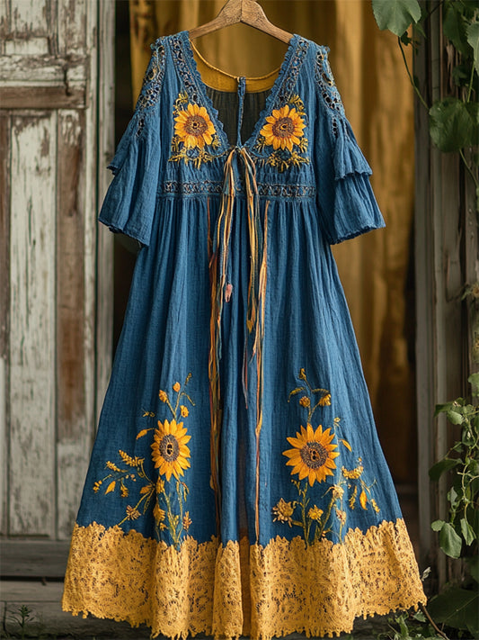 Boho Ethnic Sunflowers Embroidered Contrast Lace Hem Linen Dress artswardrobe