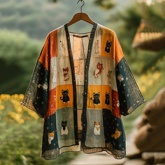 Summer Farm Cute Cat Natural Patchwork Linen Kimono elevenforest