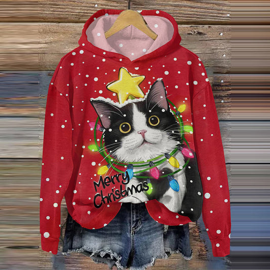 Christmas Cat Print Long Sleeve Hoodie elevenforest