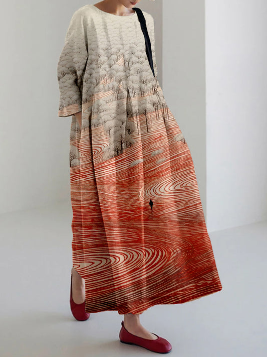 Comstylish Vintage Zen Garden Art Pattern Linen Blend Maxi Dress