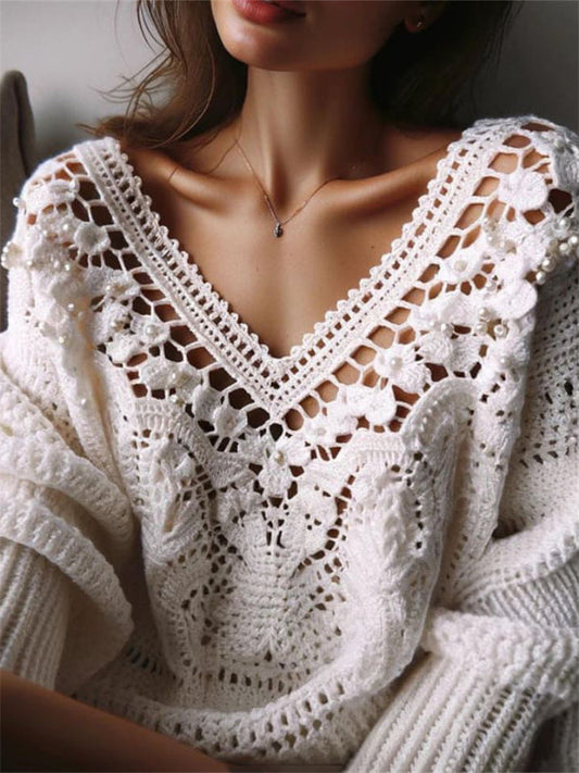 Vintage Floral Lace Pearls Beaded Crochet Sweater elevenforest