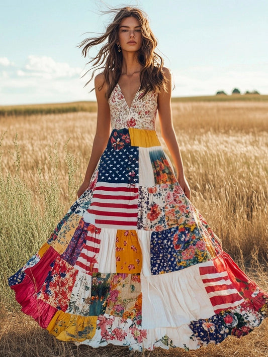 Western Floral Patchwork Flag Element Vintage Women's Linen Maxi Dress artswardrobe