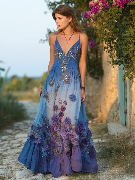 Boho Vintage Floral Embroidery Gradient Women's V-neck Spaghetti Straps Flowy Maxi Dress artswardrobe