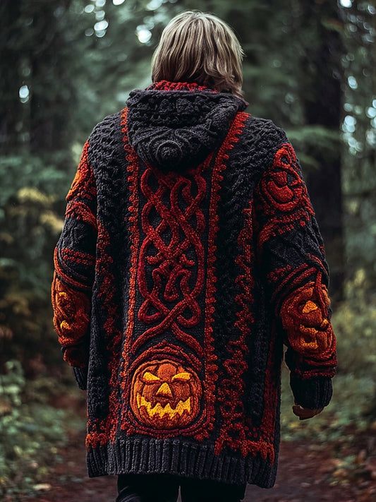 Men's Halloween Pumpkin Inspired Chunky Hooded Cardigan artswardrobe
