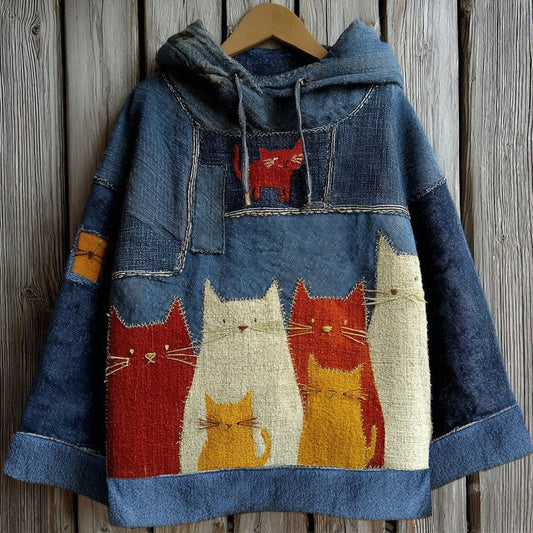Vintage Patchwork Lovely Cute Colorful Cat Inspired Washed Hoodie elevenforest