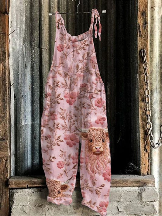 Highland Cows Pink Floral Embroidery Pattern Jumpsuit artswardrobe