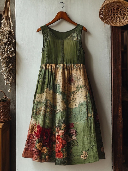 Vintage Floral Old Map Graphic Linen Tank Dress artswardrobe
