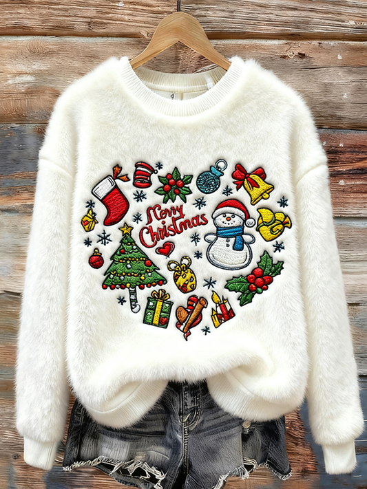 Comstylish Lady Christmas Winter Warmth Round Neck Flannel Sweatshirt