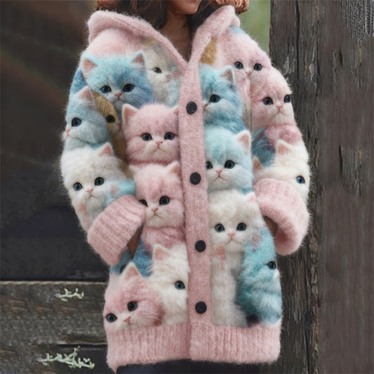 Colorful Fuzzy Cats Cozy Knit Hooded Cardigan elevenforest