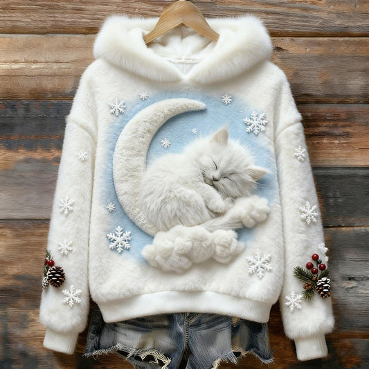 Comstylish Women's Vintage Cute Sleeping Cat Christmas Hoodie