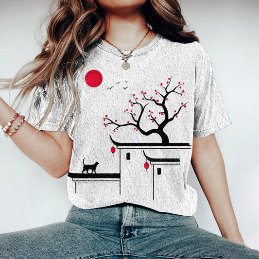 Comstylish Japanese Cat Sakura Print Vintage Women's T-shirt