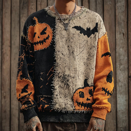 Pumpkin & Bat Irregular Patchwork Men's Sweater elevenforest