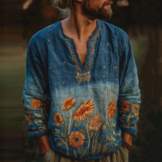 Men's Oil Painting Sunflower And Starry Night Embroidery Linen Shirt artswardrobe