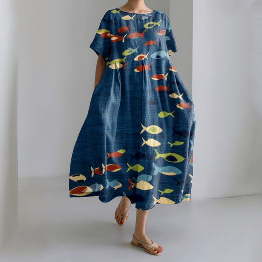 Comstylish Fish Print Short Sleeve Loose Midi Dress