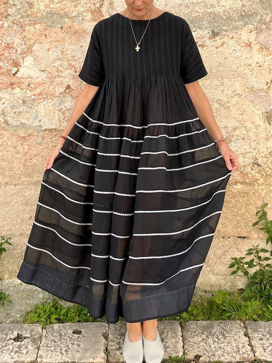 Striped Pleated Design Linen Blend Dress artswardrobe