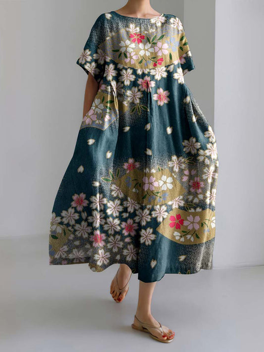 Women Japanese Art Sakura Linen Blend Maxi Dress