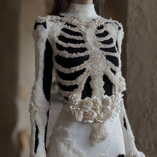 Women's Vintage Halloween Skeleton Bones With Rose Art Cozy Knit Mini Sweater Dress artswardrobe