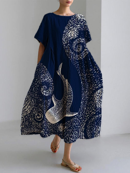 Comstylish Art Wave Whale Linen Blend Maxi Dress