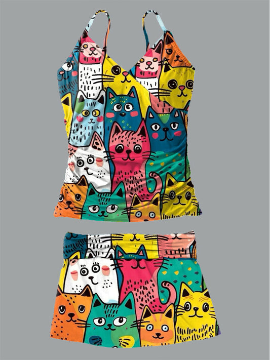 Women's Cute Cat Printed Suspender Shirred Swimsuit Set
