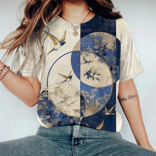 Comstylish Classy Birds Floral Colorblock Japanese Art Vintage T Shirt