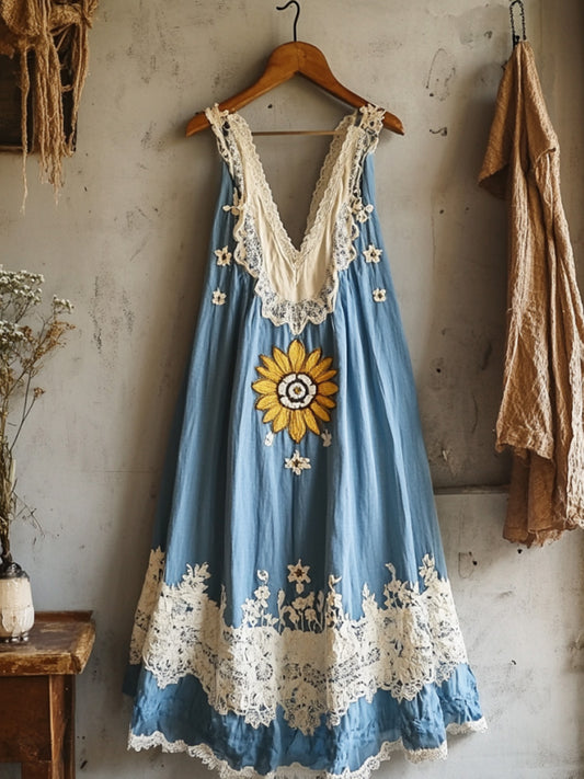 Boho Sunflowers Embroidered Gradient Lace Patchwork Linen Sleeveless Dress artswardrobe
