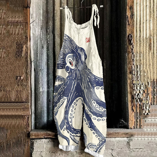 Comstylish Vintage Octopus Japanese Art Print Loose Jumpsuit