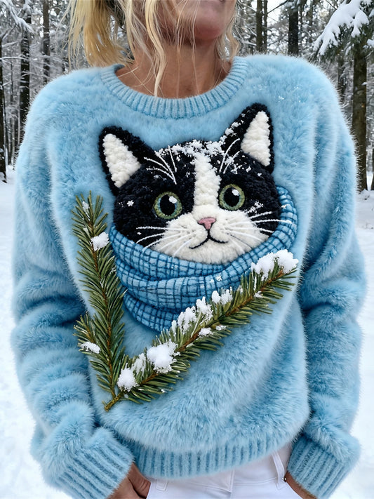 Comstylish Winter Cat Design Women's Soft Plush Sweater