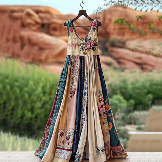 Women's Vintage Floral Art Comfy Linen Dress artswardrobe