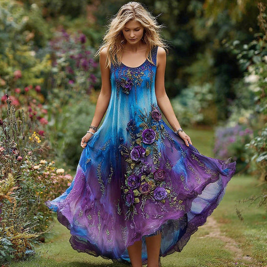 Women's Vintage Floral Embroidery Gradient Pattern Sleeveless Dress artswardrobe