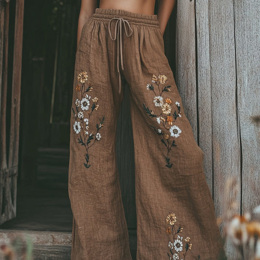 Women's Vintage Floral Embroidered Pattern Linen Blend Casual Pants artswardrobe