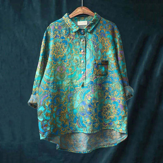 Comstylish Women's Retro Art Print Casual Cotton And Linen Shirt