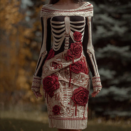 Women's Halloween Skeleton Art Wrapped Embroidered Dress artswardrobe