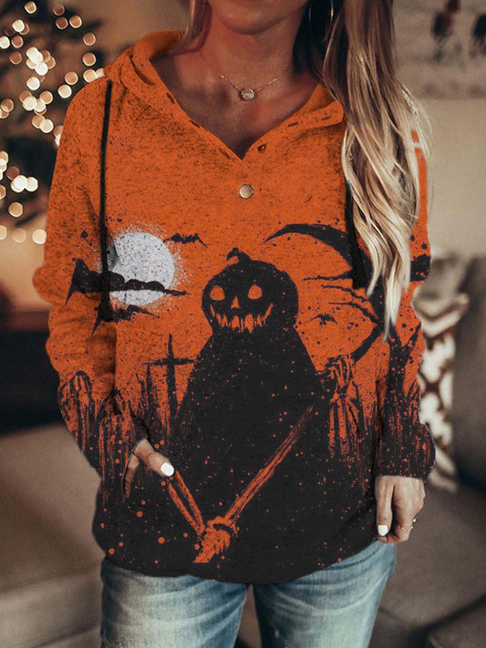 Vintage Halloween Pumpkin Ghost Art Button Up Hoodie artswardrobe
