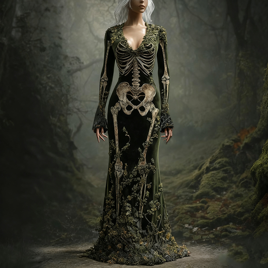 Comstylish Halloween Dark Forest Ladies V-neck Velvet Long Dress