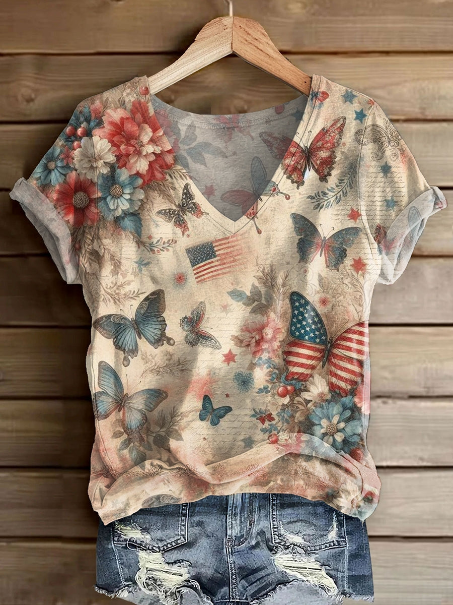Women's Flag Butterfly Floral Print Casual V-Neck Cotton T-Shirt