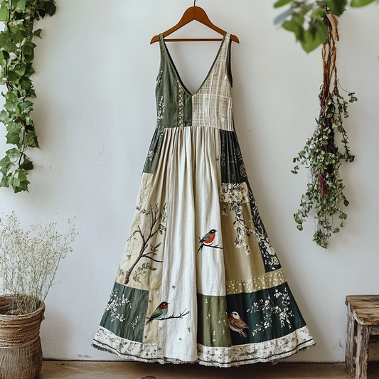Women's Floral And Bird Art Print Sleeveless Dress artswardrobe