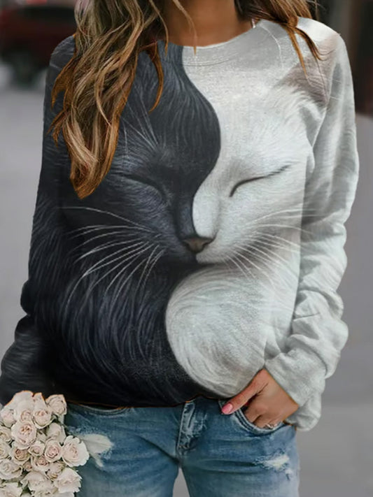 Women's Cat Print Crew Neck Sweatshirt elevenforest