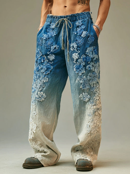 Men's Vintage Flowers Embroidered Gradient Linen Pants artswardrobe