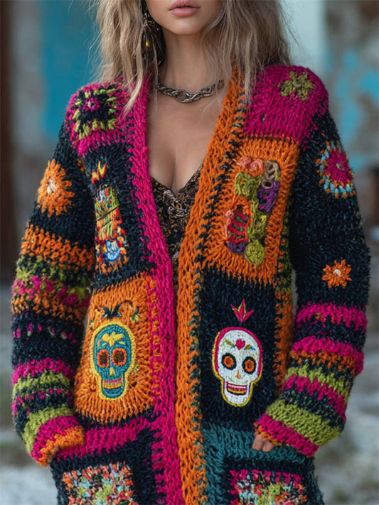 Day Of The Dead Sugar Skull Crochet Colorblock Cozy Knit Cardigan elevenforest