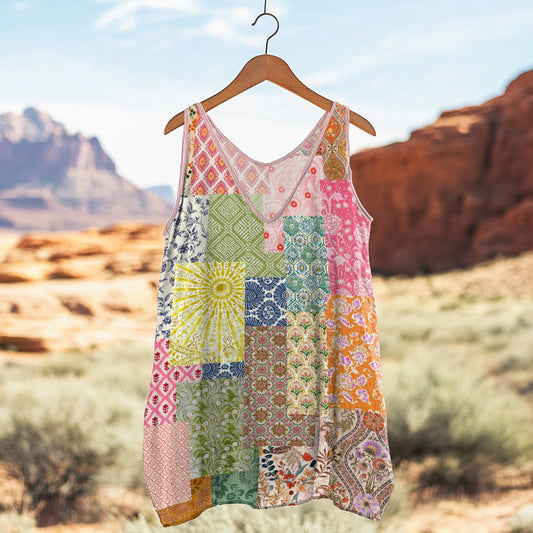 Women's Loose Floral Patchwork Linen Suspender Sleeveless Tank Top artswardrobe