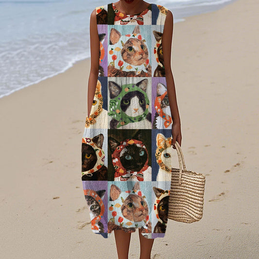 Fun Babushka Cat Patchwork Pattern Women's Linen Vest Dress elevenforest