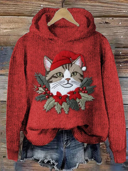 Women's Christmas Cute Pet Cat Printed Hoodie elevenforest