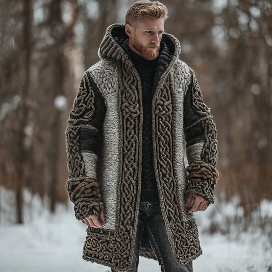 Men's Viking Celtic Knot  Chunky Knit Colorblock Cozy Hooded Cardigan artswardrobe