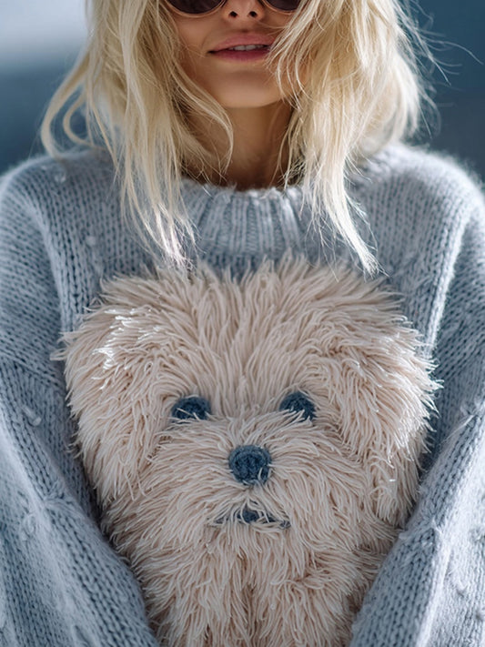 Comstylish Lovely Fuzzy Dog Embroidered Soft Cozy Sweater