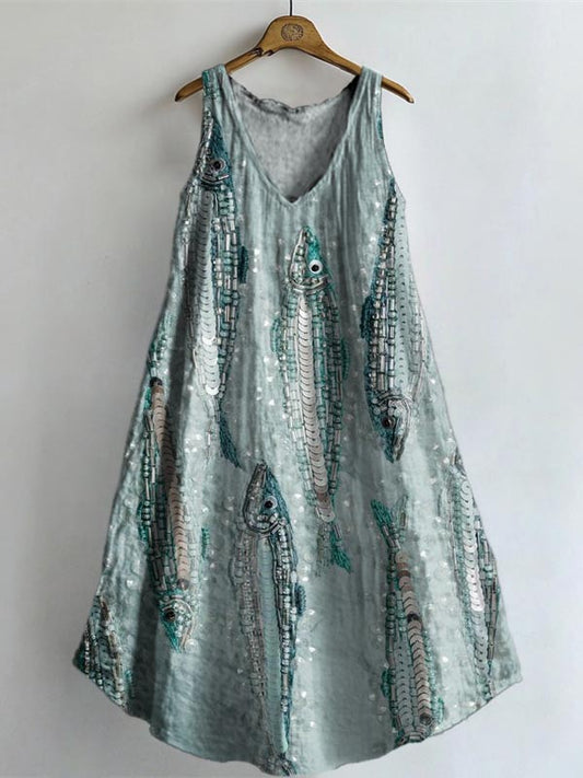 Women's Folk Fish Art Print V-neck Pocket Cotton Dress